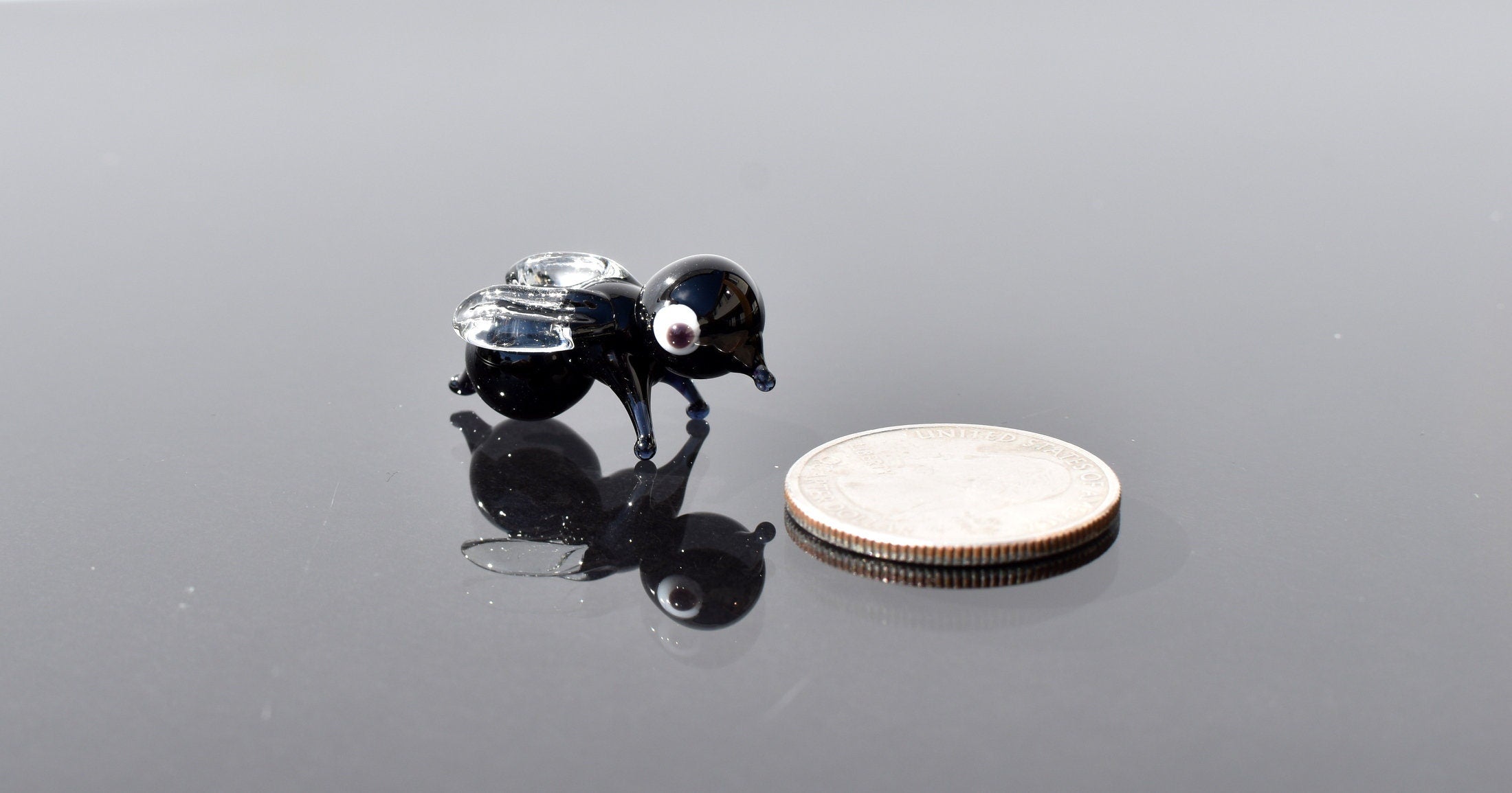 May include: A small black glass fly figurine with clear glass wings and a white eye. The figurine is sitting on a reflective surface next to a silver US quarter.