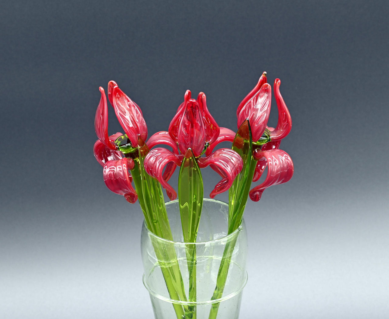 Bouquet of  3 Bright Red Glass Irises – Long Stem Hand Blown Flower – Elegant Gift.