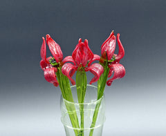 Bouquet of  3 Bright Red Glass Irises – Long Stem Hand Blown Flower – Elegant Gift.