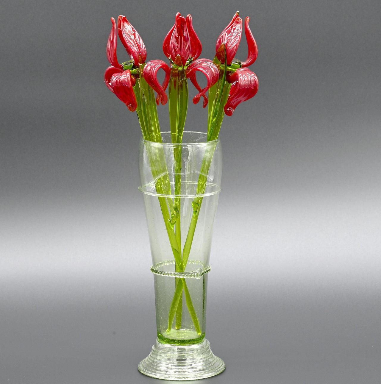 Bouquet of  3 Bright Red Glass Irises – Long Stem Hand Blown Flower – Elegant Gift.