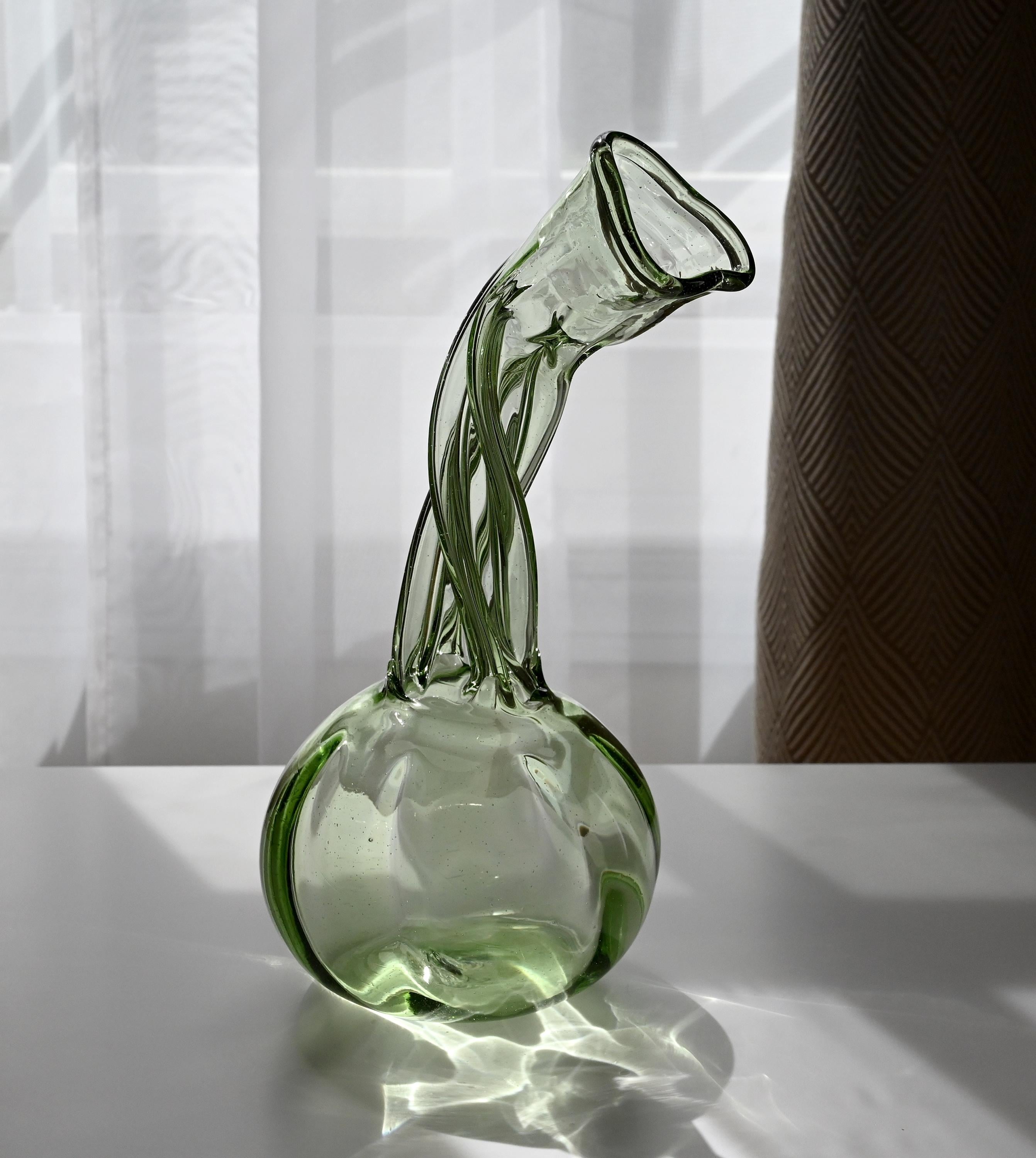 Central Piece Handblown Renaissance light green colored Glass Vase: Elegant Twisted Design.