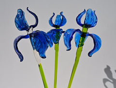 Hand-Blown Blue Glass Iris Bouquet - Elegant Art Glass Vase