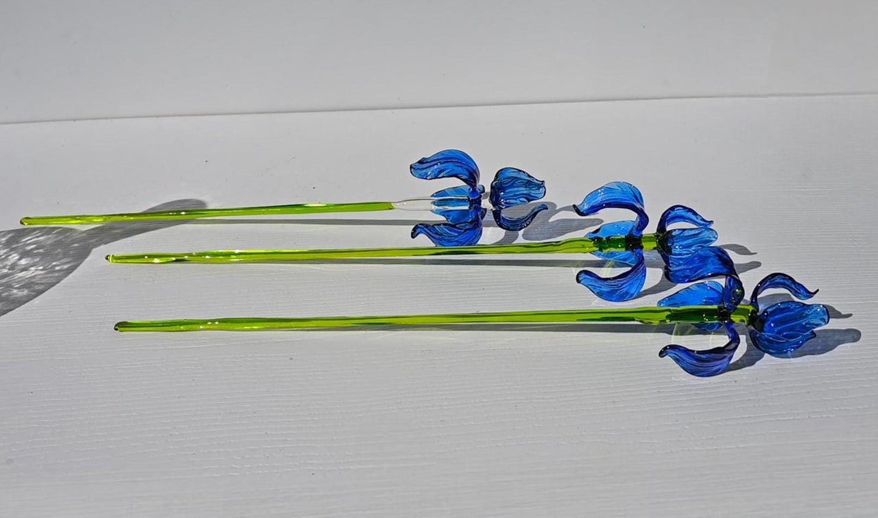 Hand-Blown Blue Glass Iris Bouquet - Elegant Art Glass Vase