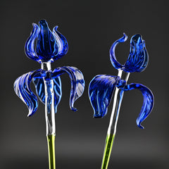 Handblown 15” Glass Iris Flower – Blown Glass Blue Iris Stem, Realistic Floral Art, Handmade Glass Home Decor & Unique Gift Idea