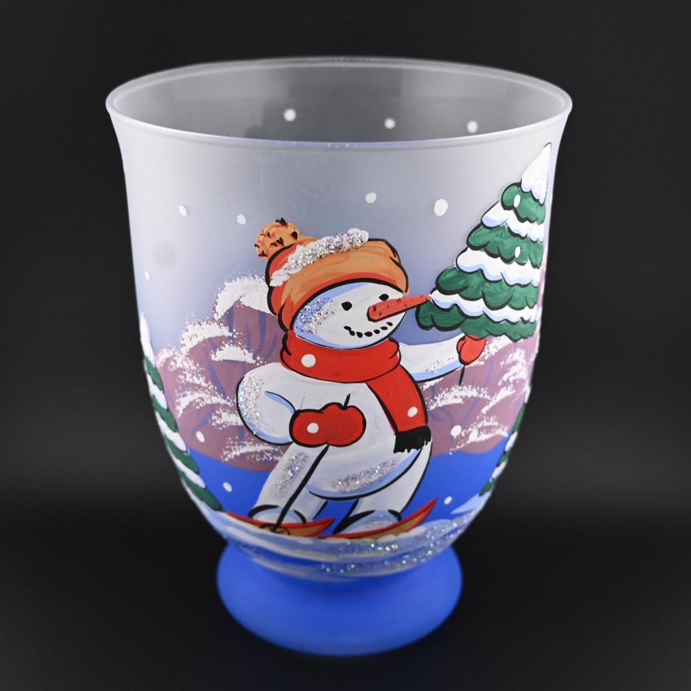 Christmas Vase: Handblown Skiing Snowman Frosted Glass Candle Holder