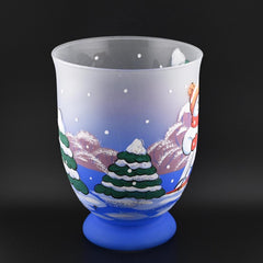 Christmas Vase: Handblown Skiing Snowman Frosted Glass Candle Holder