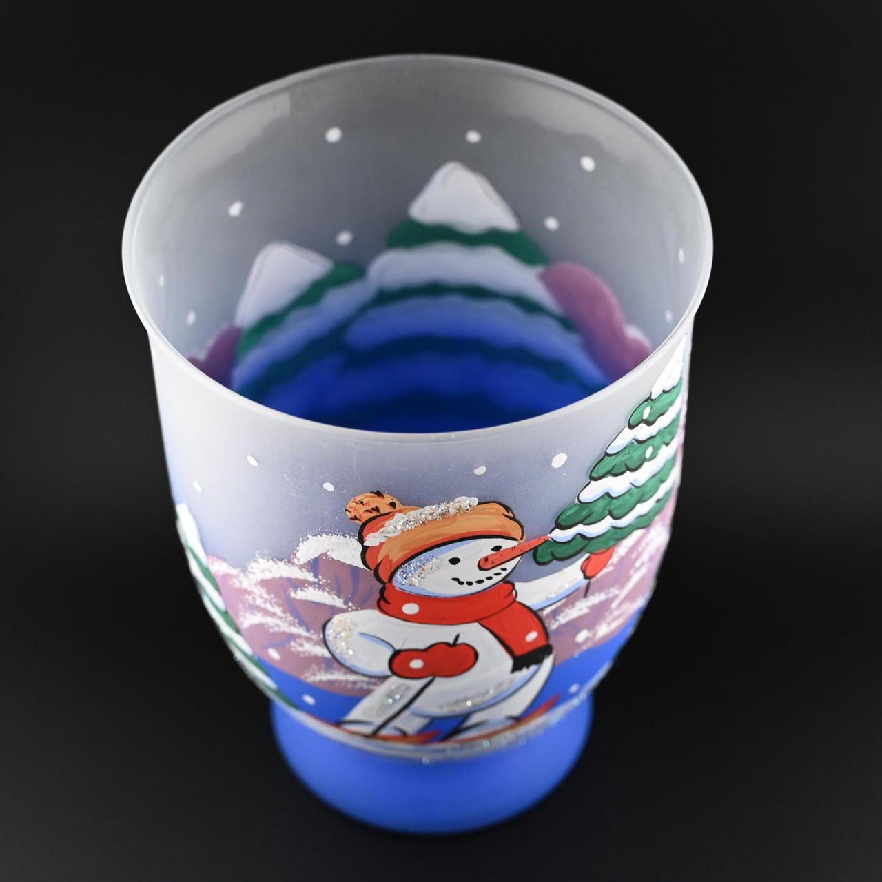 Christmas Vase: Handblown Skiing Snowman Frosted Glass Candle Holder