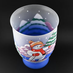 Christmas Vase: Handblown Skiing Snowman Frosted Glass Candle Holder