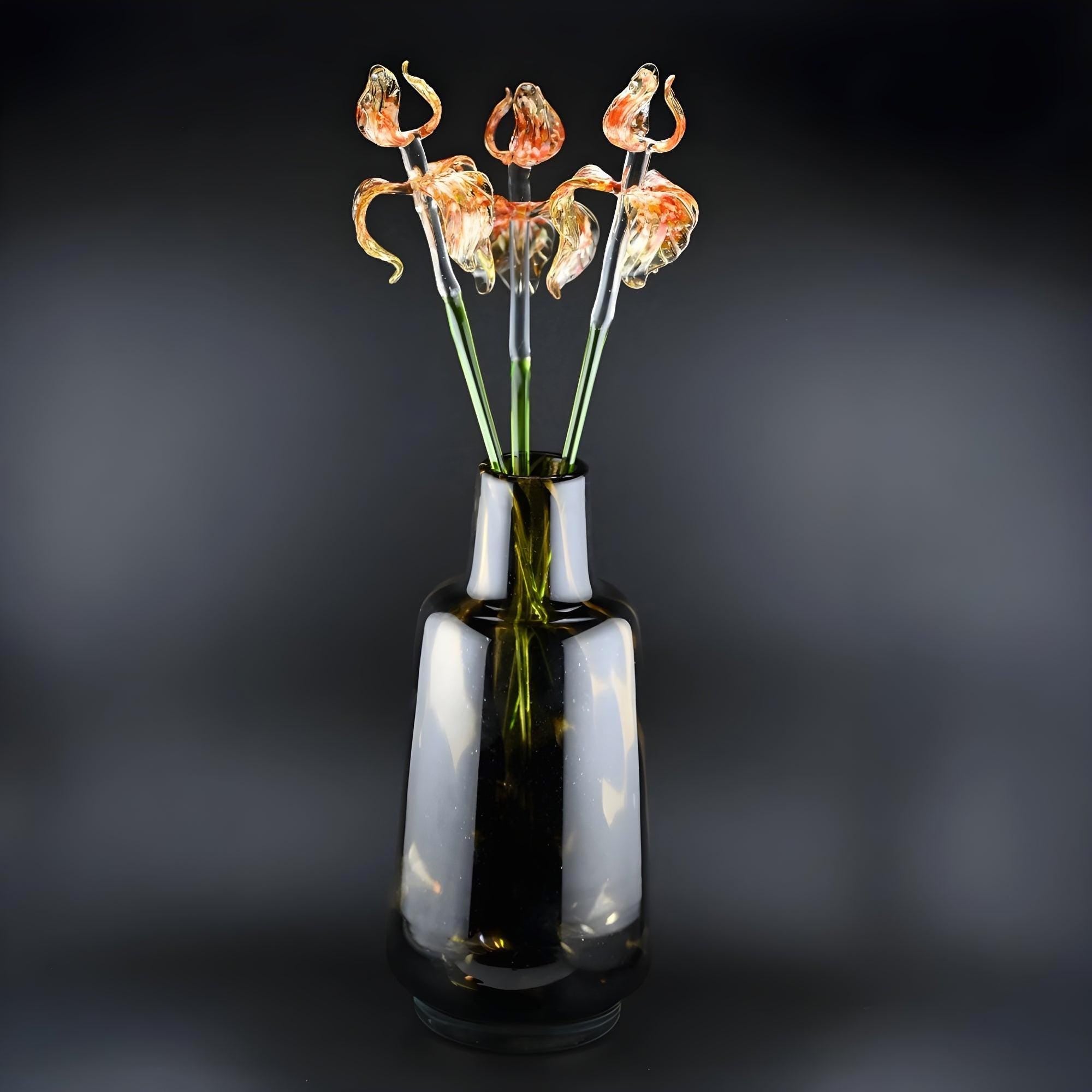 Glass Flowers in Vase - Glass Flowers and Vase - Glass Flower Bouquet 17.5 inches - Orange Glass Flower Bouquet - Glass Iris Home Decor