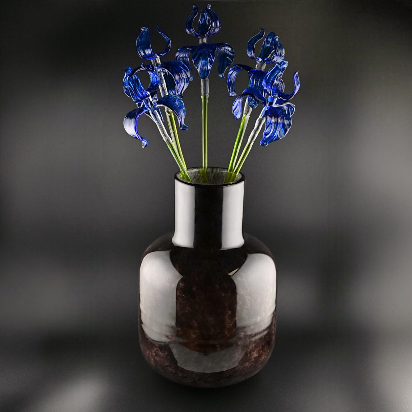 Glass Flowers in Vase - Glass Flowers and Vase - Glass Flowers Bouquet 17.5 inches - Glass Flower Bouquet - Blue Glass Iris Home Decor