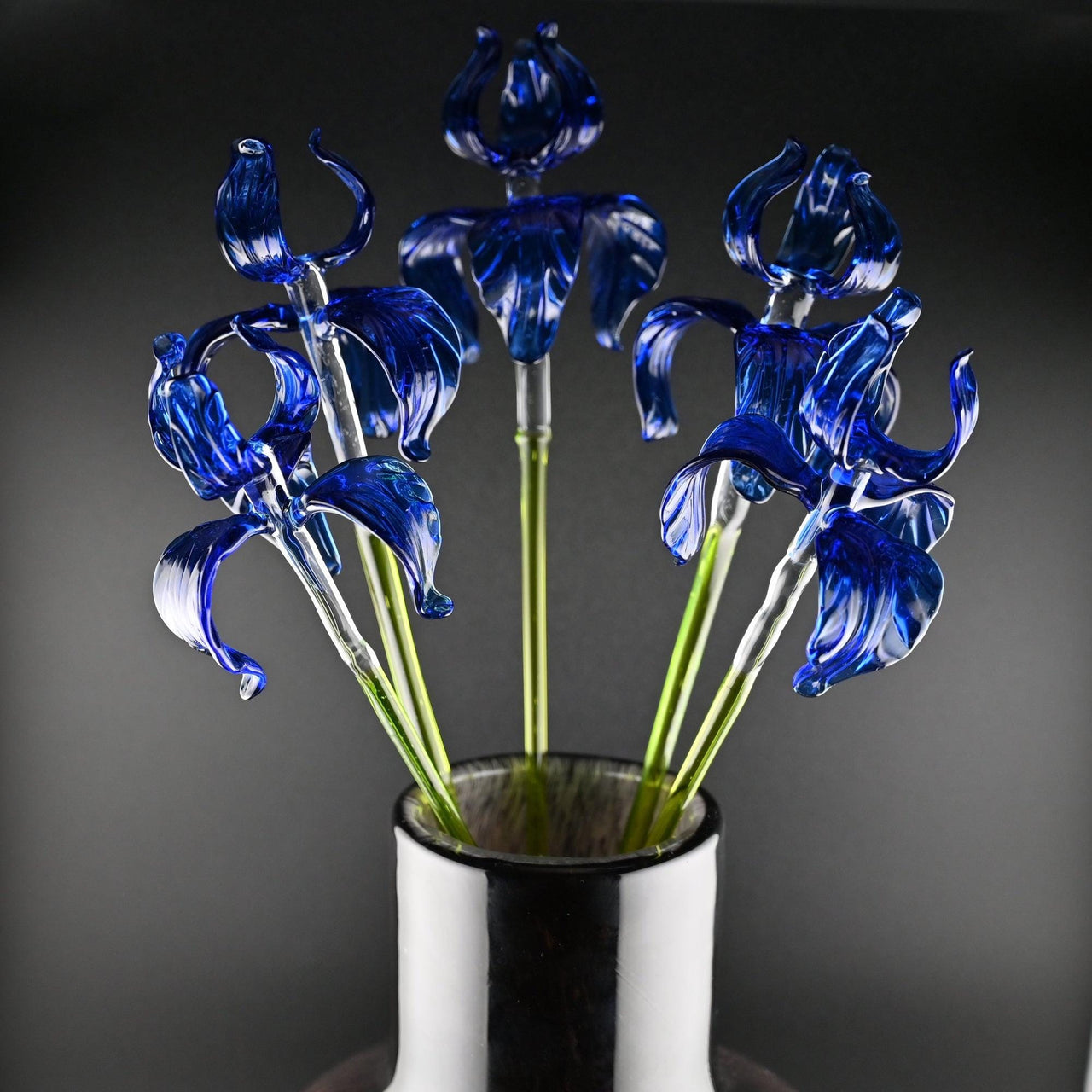 Glass Flowers in Vase - Glass Flowers and Vase - Glass Flowers Bouquet 17.5 inches - Glass Flower Bouquet - Blue Glass Iris Home Decor