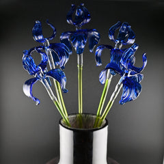Glass Flowers in Vase - Glass Flowers and Vase - Glass Flowers Bouquet 17.5 inches - Glass Flower Bouquet - Blue Glass Iris Home Decor