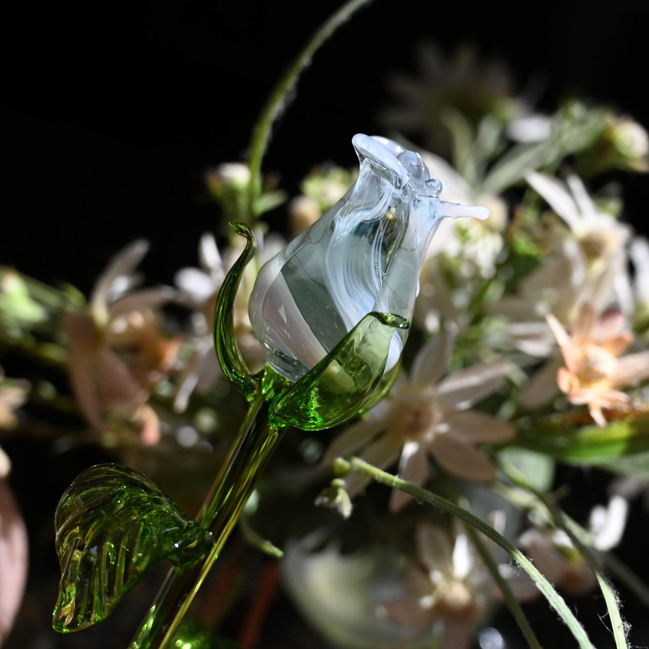 White Glass Rose in Hand Blown Pink Vase, Hand Blown Glass Sculpture, Hand Blown Glass Art, Glass Wedding Gift, Birthday Gift