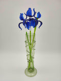Handblown Blue Glass Iris Bouquet in Emerald Green Spiral Vase