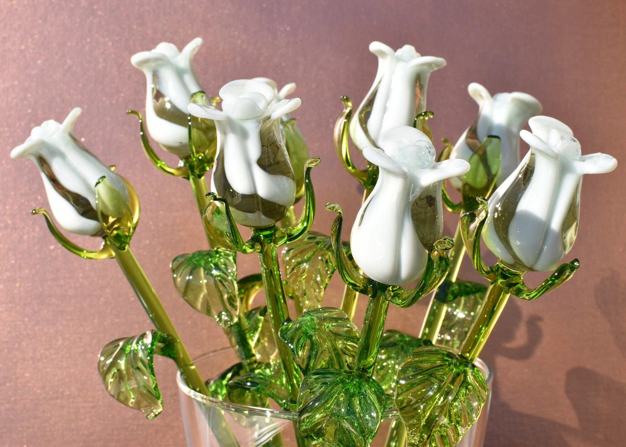 Glass Rose - White Glass Flowers - Glass Flower Bouquet - Hand Blown Glass Flower - Blown Glass Rose - Mothers Day Gifts for Her
