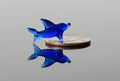 May include: A small blue glass dolphin figurine is positioned on top of a silver US quarter. The dolphin is facing the right side of the image and its reflection is visible on the surface below.