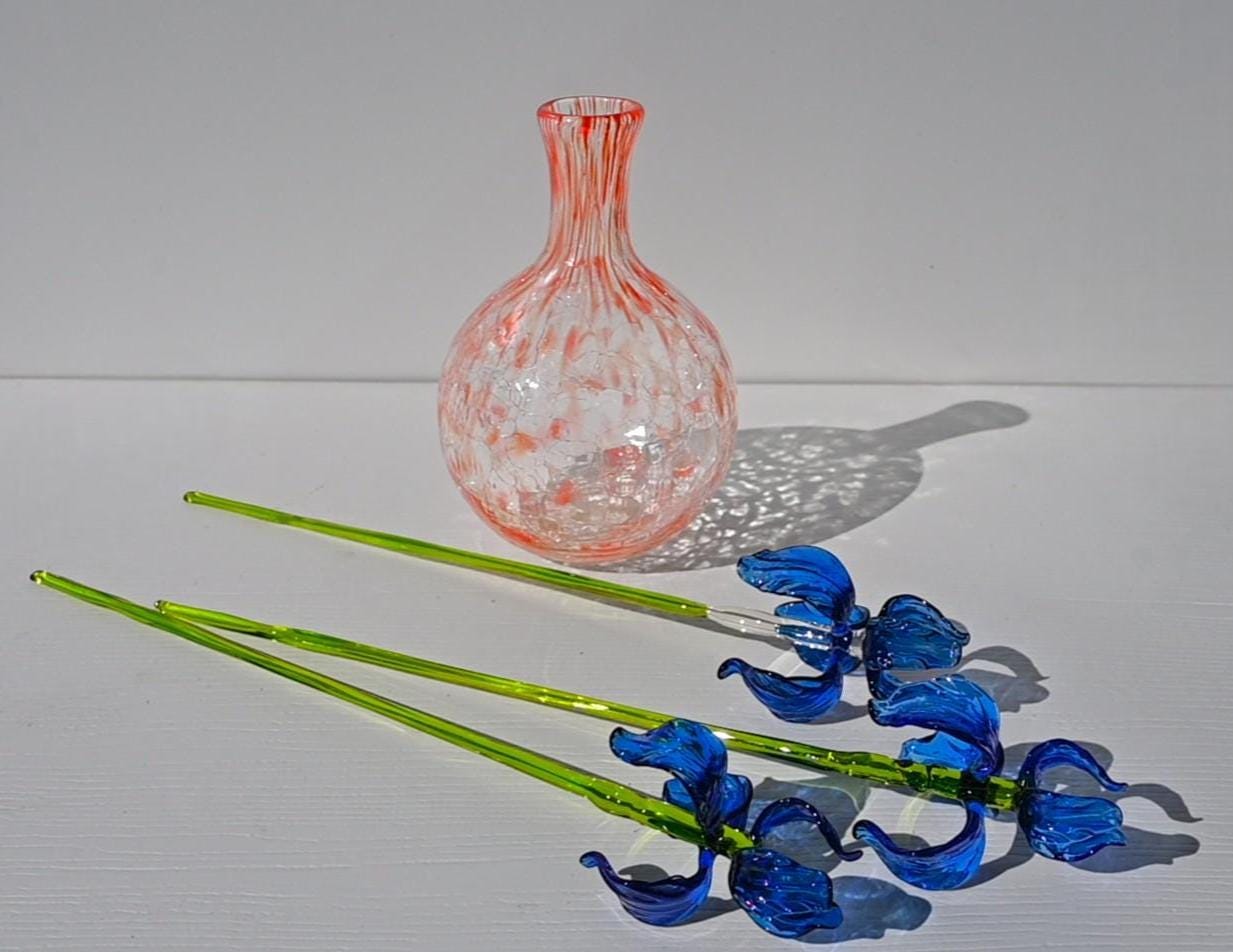 Glass Flowers in Vase, Glass Iris Flowers Bouquet - Long Stem Glass Flowers - Glass Birth Month Flower - Birthday Gift for Her