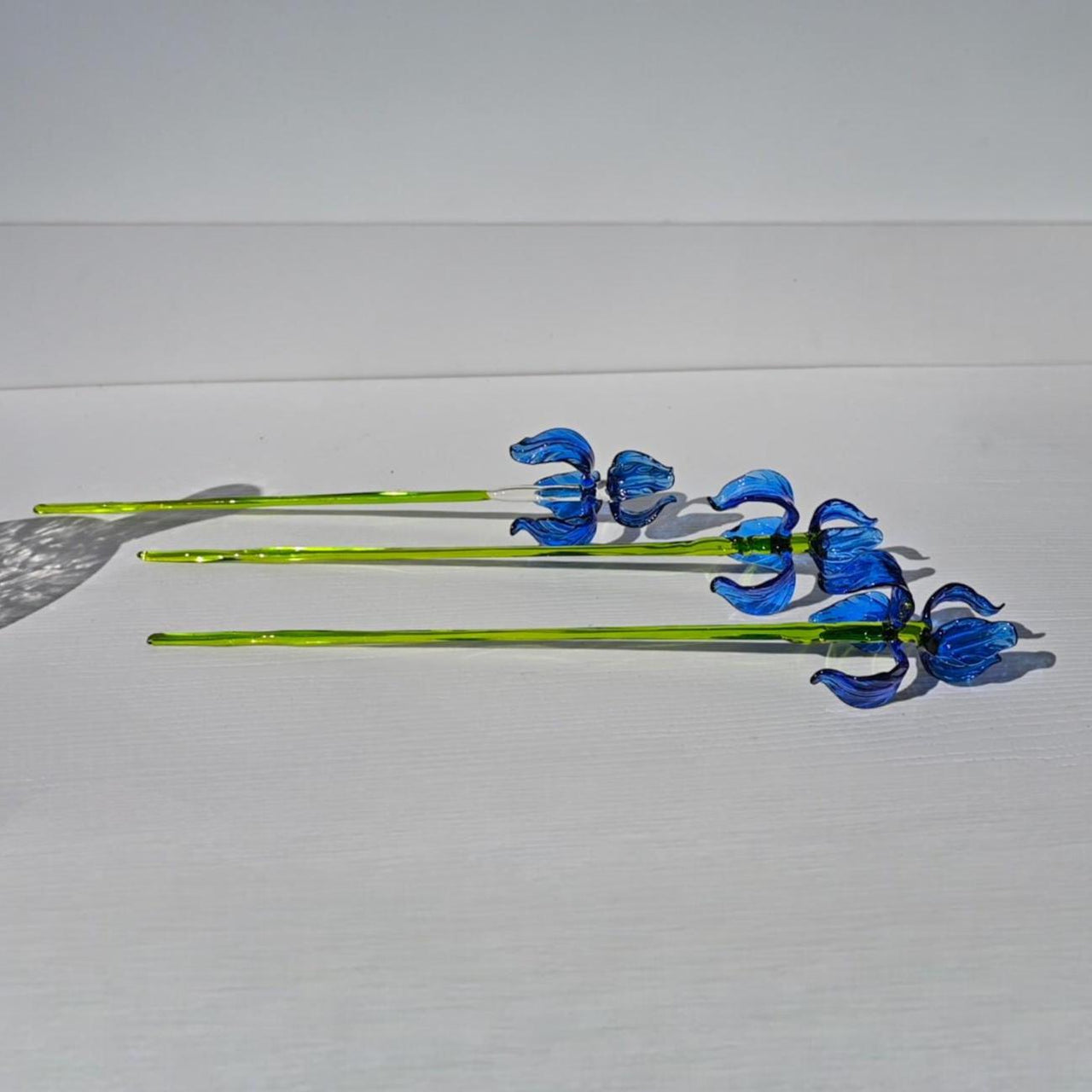 Hand-Blown Blue Glass Iris Bouquet - Elegant Art Glass Vase