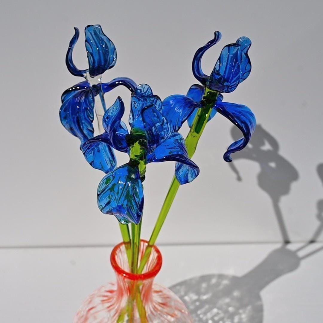 Glass Flowers in Vase, Glass Iris Flowers Bouquet - Long Stem Glass Flowers - Glass Birth Month Flower - Birthday Gift for Her