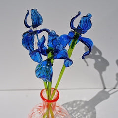 Glass Flowers in Vase, Glass Iris Flowers Bouquet - Long Stem Glass Flowers - Glass Birth Month Flower - Birthday Gift for Her