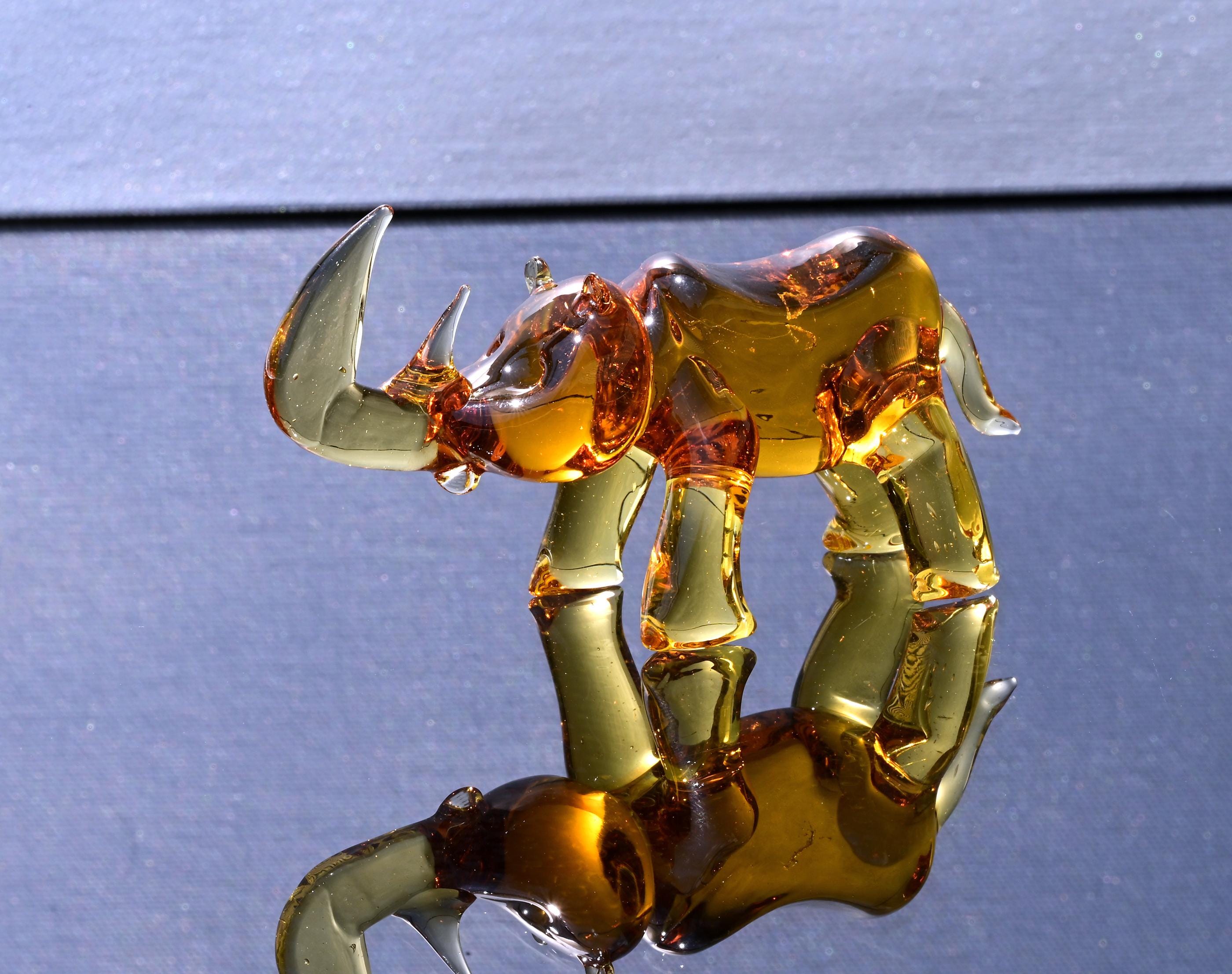 Hand Blown Glass Rhinoceros. Sculptured Rino figurine with character and personality, a collectible gift.