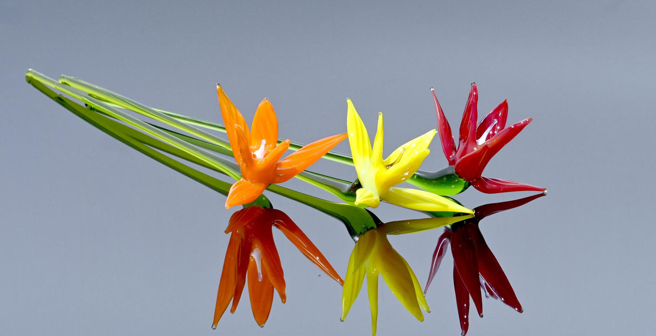 Handmade Glass Bird of Paradise Bouquet: Colorful Floral Sculpture.