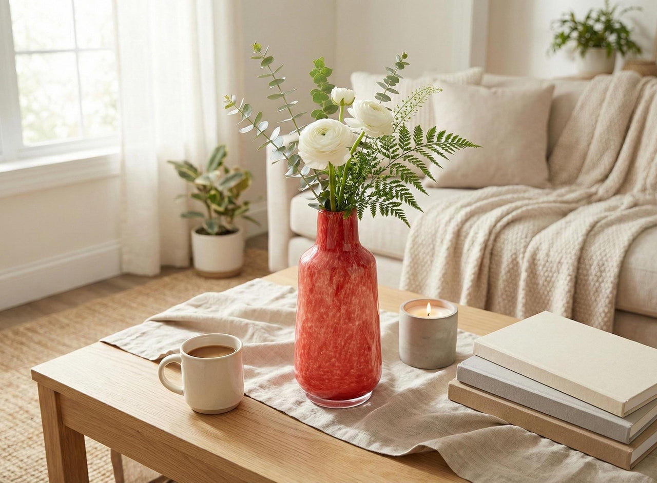 Heavy Red Glass Vase - Red Vase - Blown Glass Vase - Art Deco Vase Blown Bottle Glass Vase For Flowers - Handmade Home Decor Gift For Her