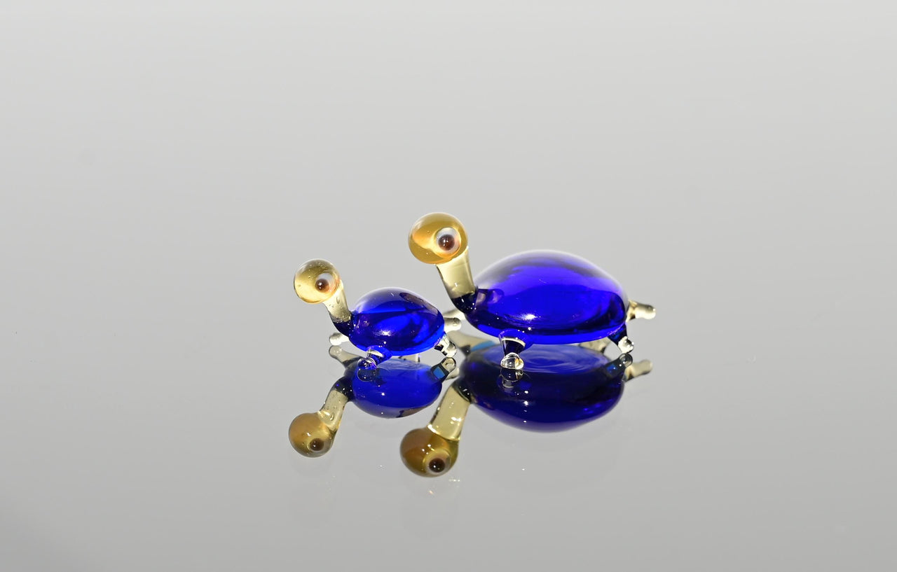 Cobalt Blue Glass Turtle Figurines - Hand-Blown Miniature Duo