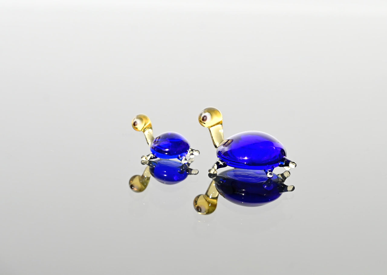 Cobalt Blue Glass Turtle Figurines - Hand-Blown Miniature Duo