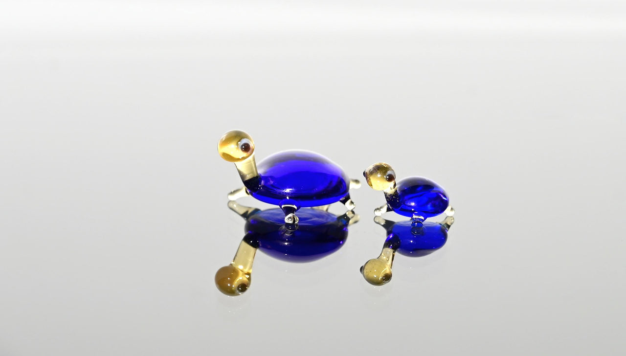 Cobalt Blue Glass Turtle Figurines - Hand-Blown Miniature Duo
