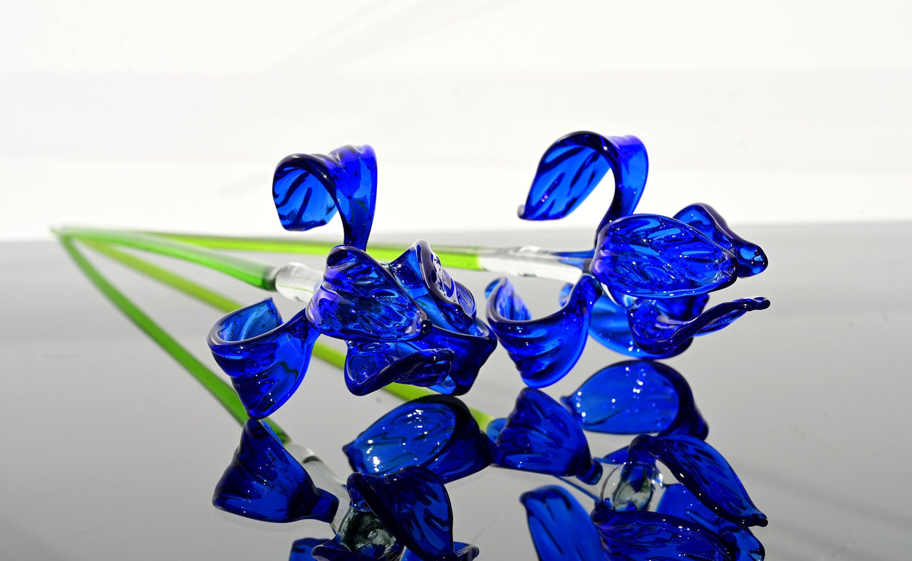 Handblown Glass Iris Flower – Blown Glass Blue Iris Stem, Realistic Floral Art - Mothers Day Gifts for Her