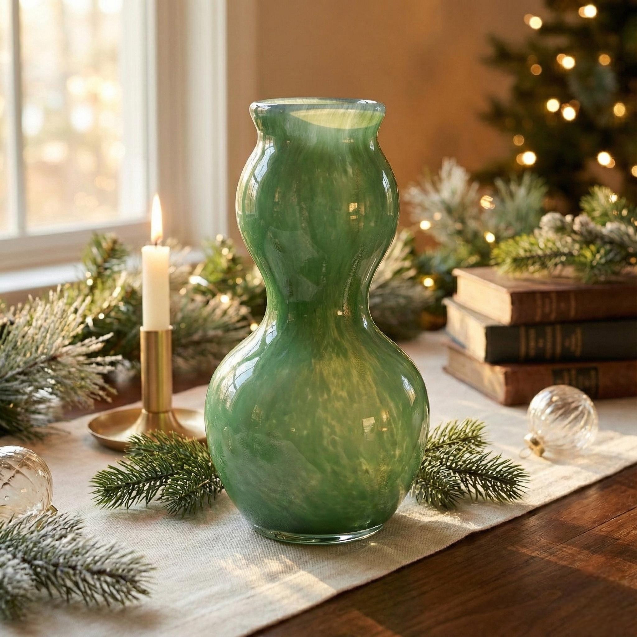 Green Blown Glass Vase | Art Deco Vase | Dark Green Murano Glass Vase | Double Gourd Vase Green Vase Home Decor Gift For Her