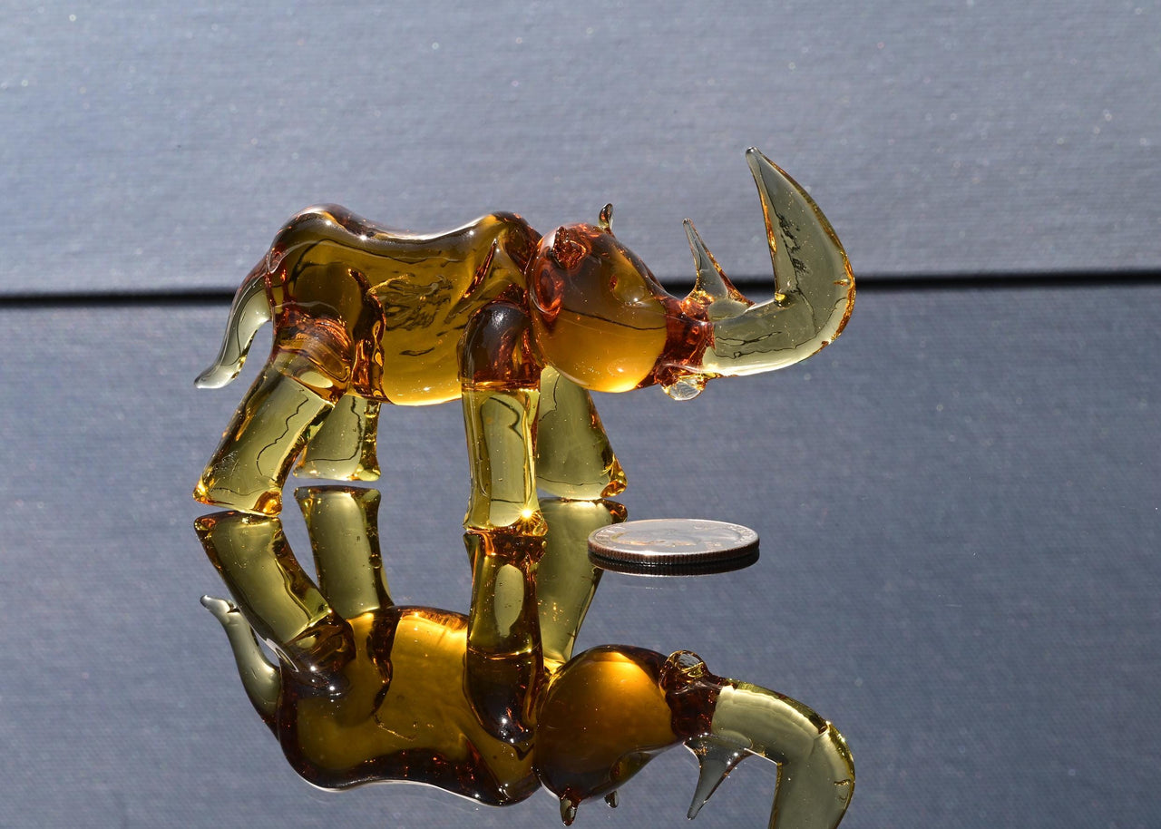 Hand Blown Glass Rhinoceros. Sculptured Rino figurine with character and personality, a collectible gift.