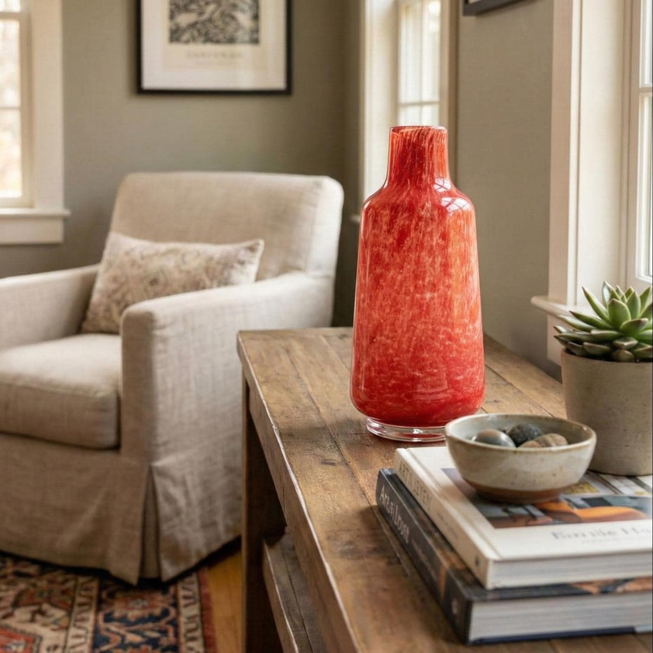 Heavy Red Glass Vase - Red Vase - Blown Glass Vase - Art Deco Vase Blown Bottle Glass Vase For Flowers - Handmade Home Decor Gift For Her