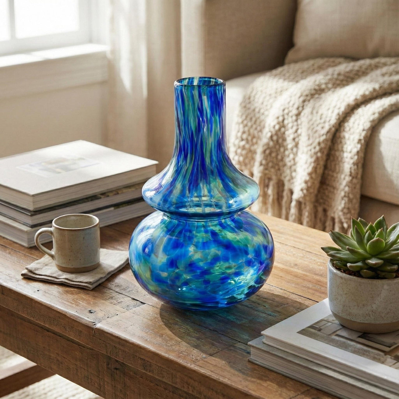 Cobalt Blue Glass Vase - Hand Blown Vase - Blue Murano Glass Vase For Flowers - Blue Glass Vase - Unique Vase Home Decor Gift
