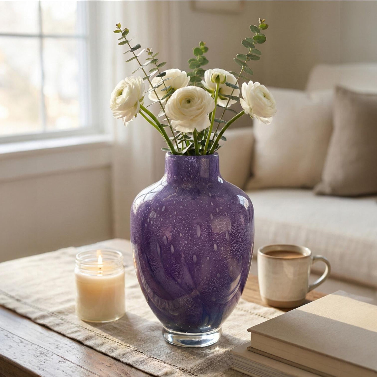 Purple Glass Vase - Purple Vases for Flowers - Hand Blown Glass Vase - Large Vase - Handmade Vase for Flowers - Home Decor Gift for Her