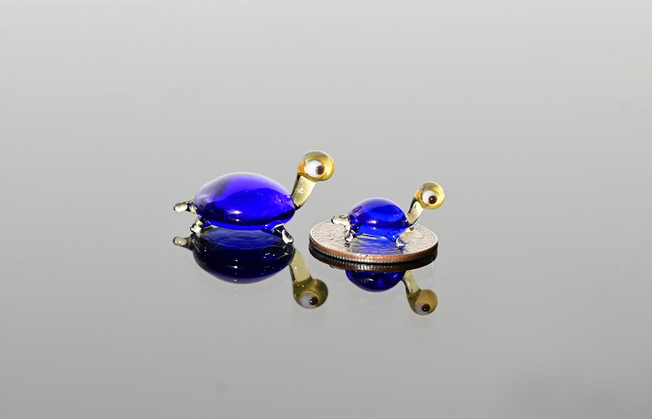 Cobalt Blue Glass Turtle Figurines - Hand-Blown Miniature Duo