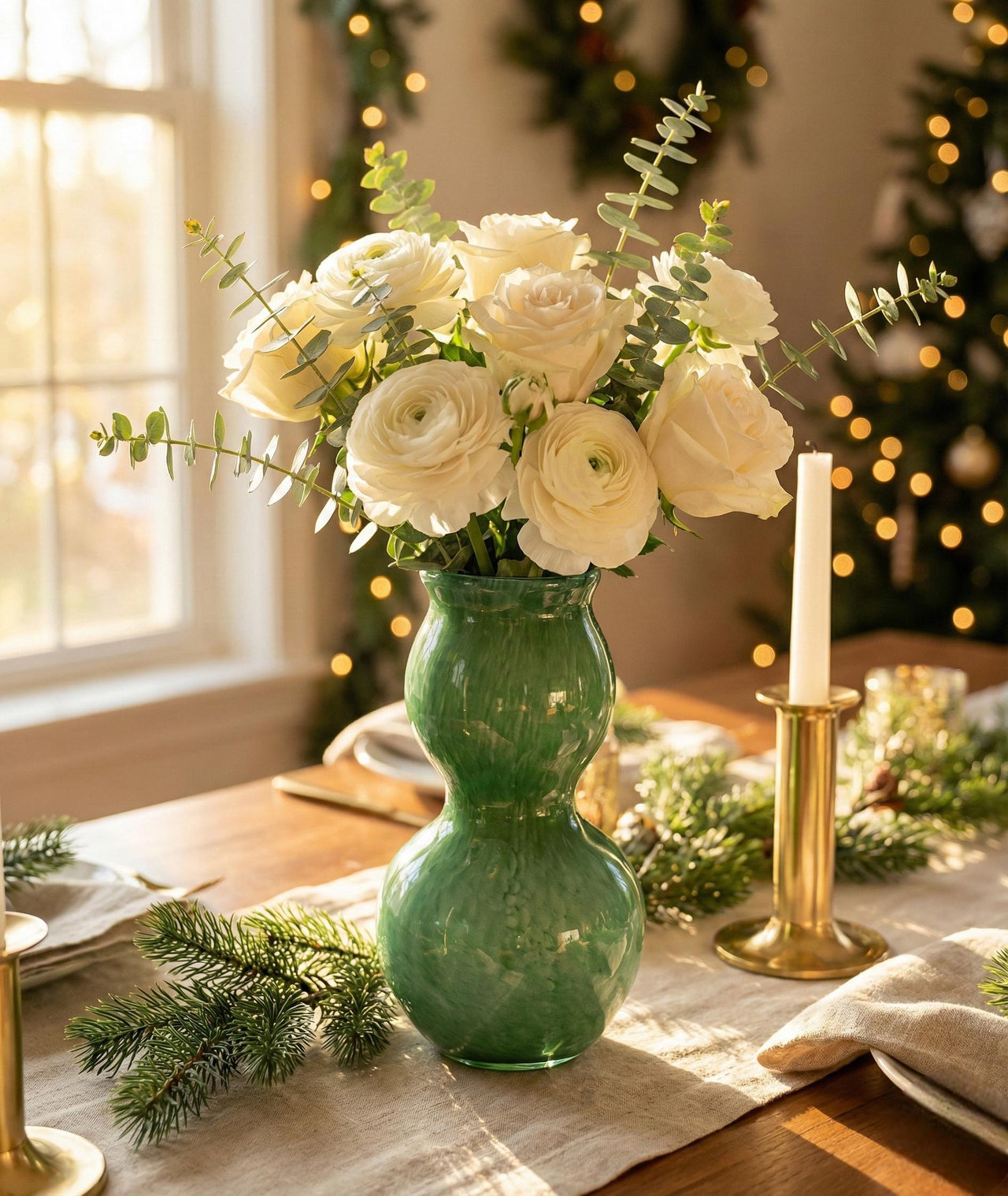 Green Blown Glass Vase | Art Deco Vase | Dark Green Murano Glass Vase | Double Gourd Vase Green Vase Home Decor Gift For Her