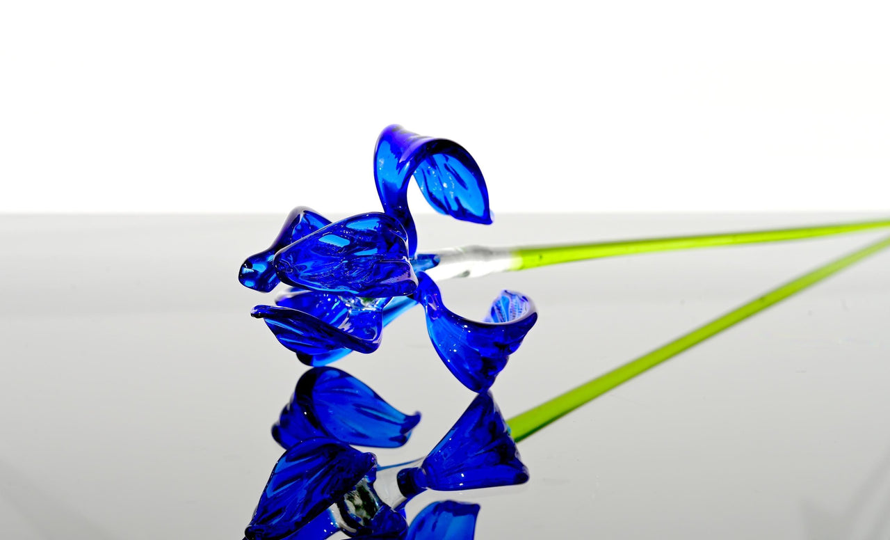 Handblown 15” Glass Iris Flower – Blown Glass Blue Iris Stem, Realistic Floral Art, Handmade Glass Home Decor & Unique Gift Idea
