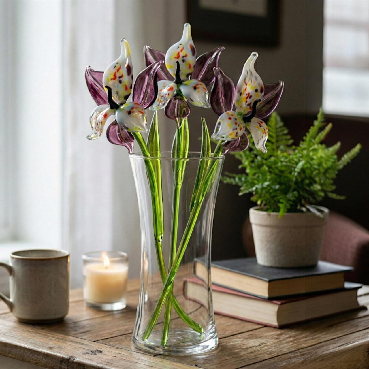 Purple Glass Orchid Flower, Purple Glass Flowers Easter Gift - Handblown Glass Orchid Stem – Gift for Mothers Day & Anniversaries