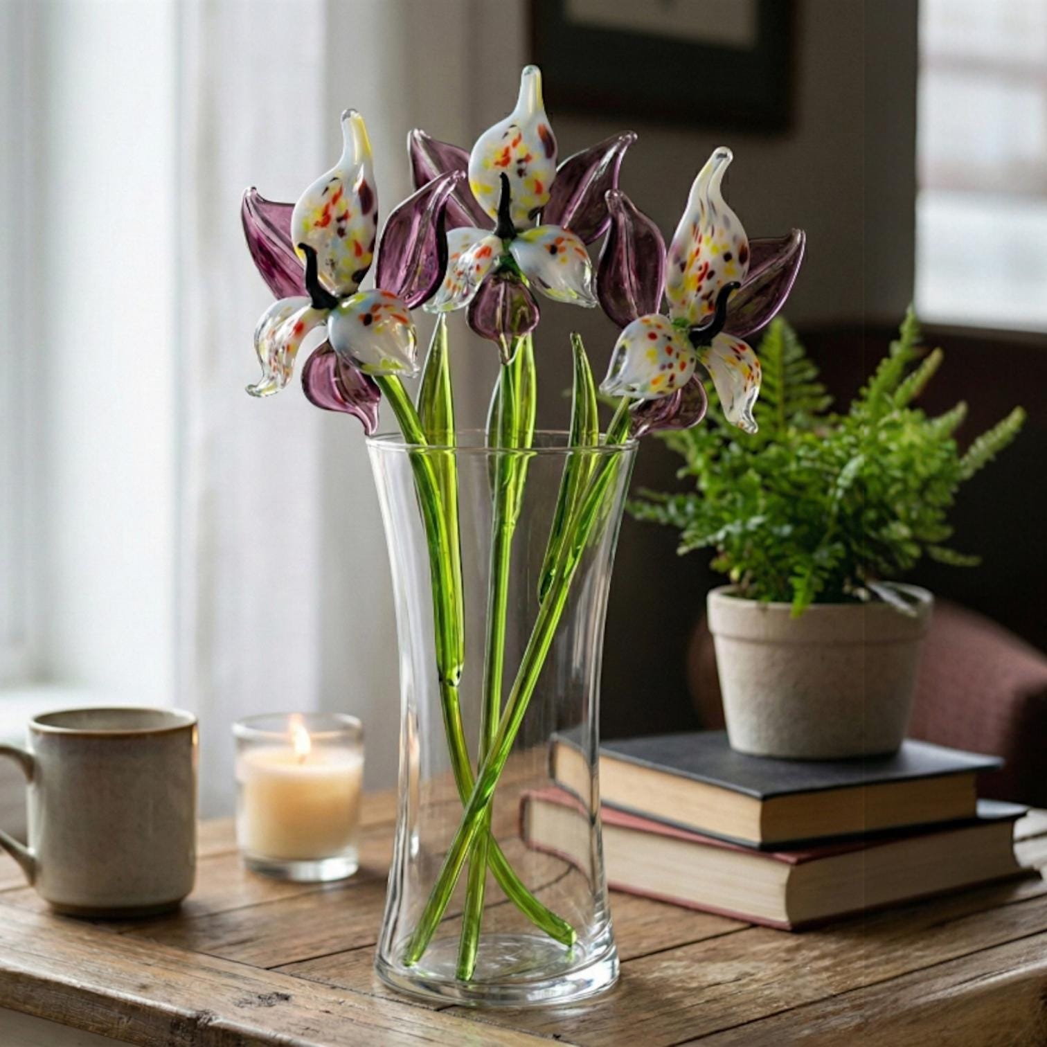 Purple Glass Orchid Flower, Purple Glass Flowers Easter Gift - Handblown Glass Orchid Stem – Gift for Mothers Day & Anniversaries