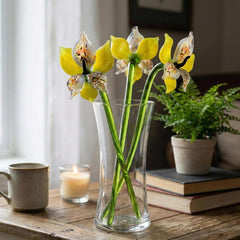 Handmade Yellow Glass Orchid Flower: Flame Worked Sculpture, 14 Inch