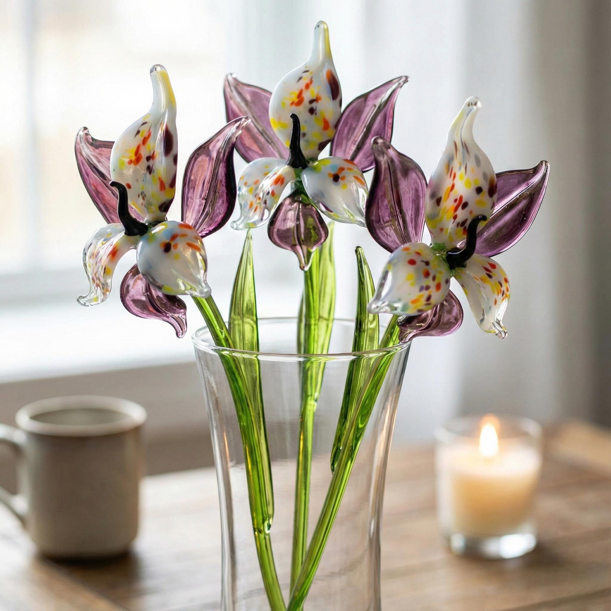 Purple Glass Orchid Flower, Purple Glass Flowers Easter Gift - Handblown Glass Orchid Stem – Gift for Mothers Day & Anniversaries