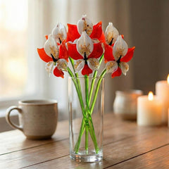 Handmade Red-White Glass Orchid Flower: Collectible Sculpture