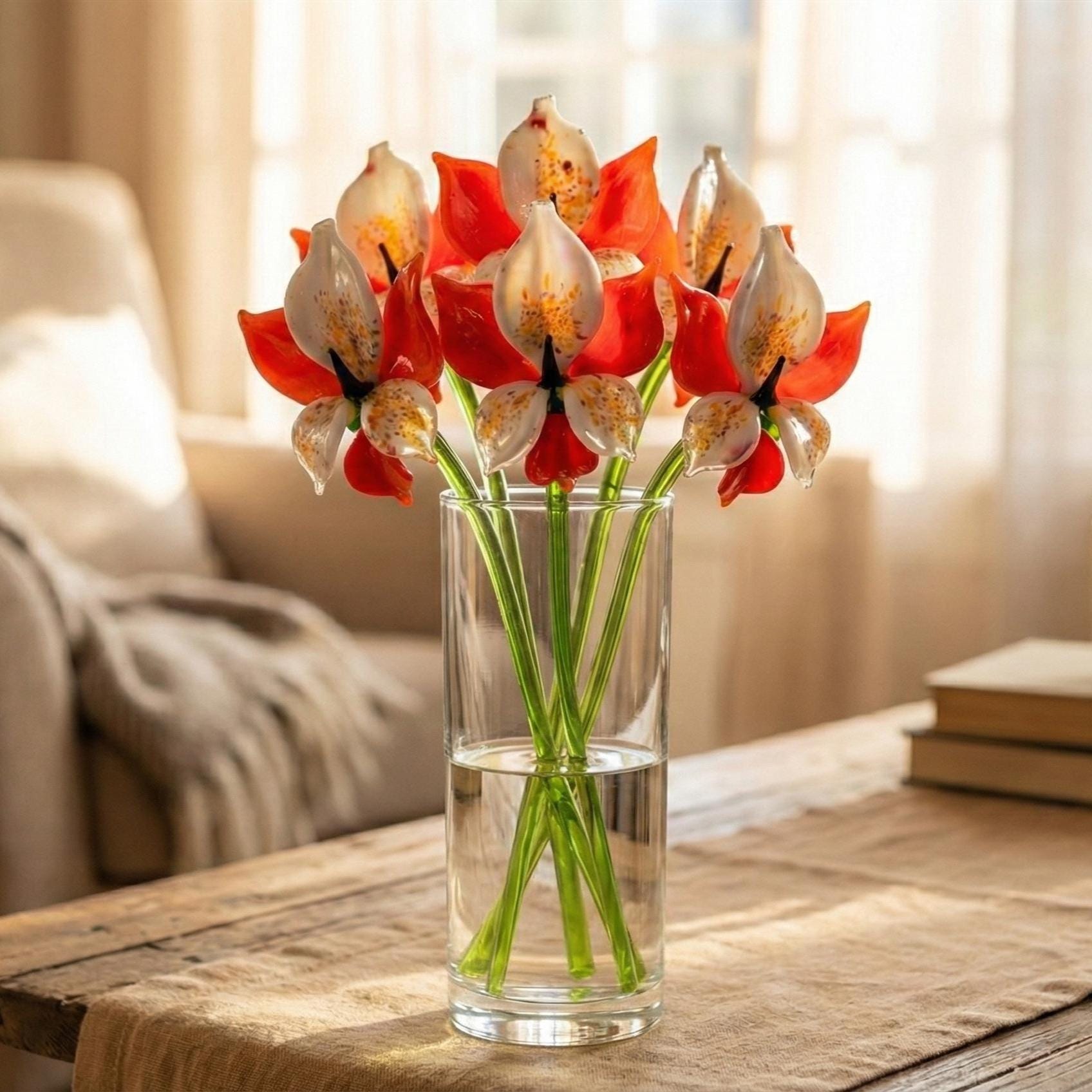 Red Glass Orchid Flower – Glass Flowers Mothers Day Gifts - Handblown Glass Orchid Stem – Gift for Mothers Day & Anniversaries
