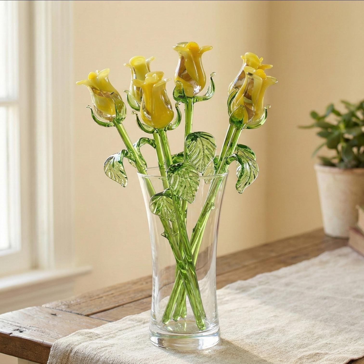 Glass Rose - Hand Blown Glass Flower - Yellow Glass Flowers - Blown Glass Rose - Glass Flower Bouquet - Mothers day Gift for Her