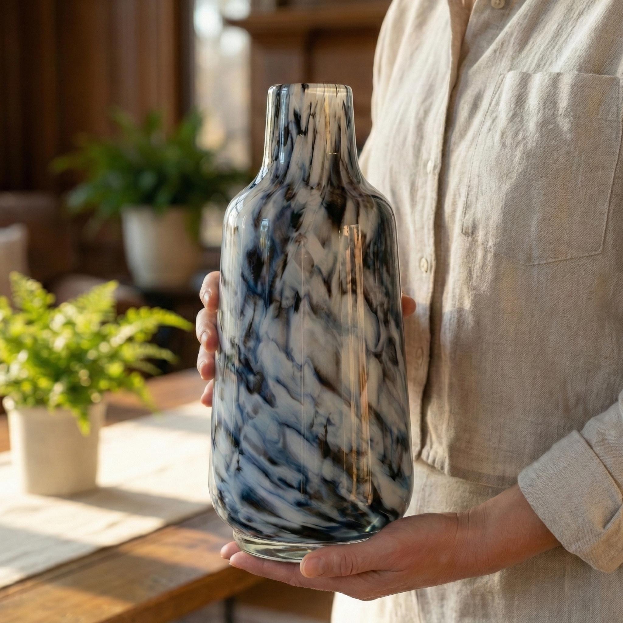 Black and White Vase - Heavy Glass Vase For Flowers - Hand Blown Glass Vase - Tall Vase - Modern Bottle Vase Home Decor Gift for Her