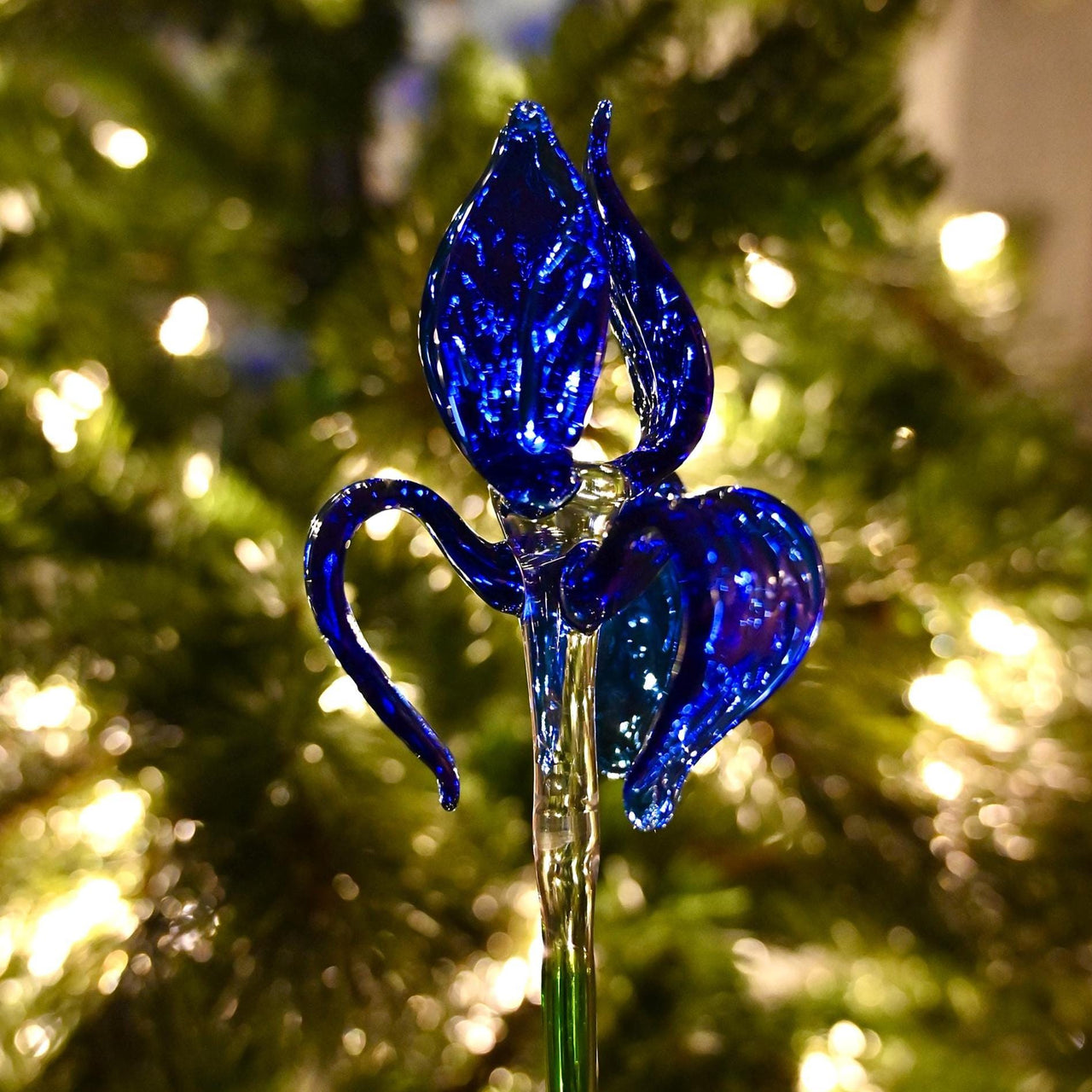 Handblown Glass Iris Flower – Blown Glass Blue Iris Stem, Realistic Floral Art - Mothers Day Gifts for Her