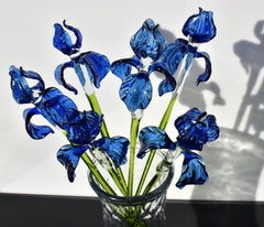 Handblown 15” Glass Iris Flower – Blown Glass Blue Iris Stem, Realistic Floral Art, Handmade Glass Home Decor & Unique Gift Idea