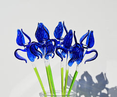 Handblown 15” Glass Iris Flower – Blown Glass Blue Iris Stem, Realistic Floral Art, Handmade Glass Home Decor & Unique Gift Idea
